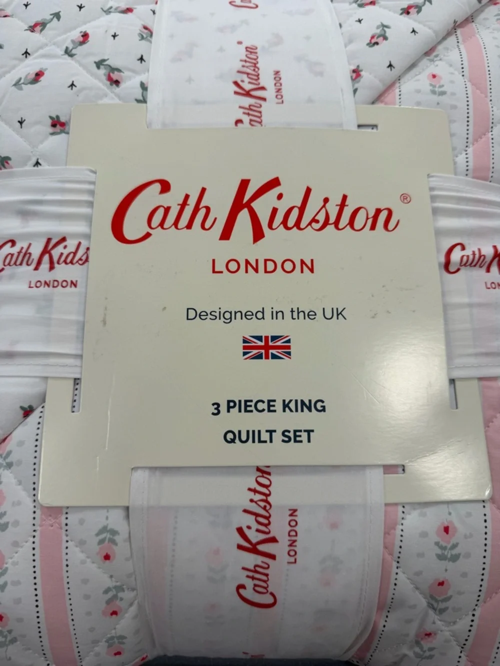 Cath Kidston White and Pink Floral Stripe King Quilt Set ~ Rosebud Stripe Pink